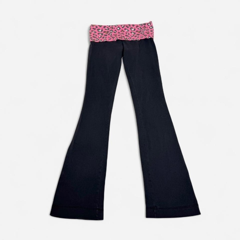 y2k SO pink cheetah print fold over black flare bootcut leggings